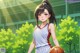 An anime girl holding a basketball in front of a building.