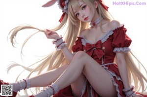 A girl in a red dress and bunny ears sitting on the ground.