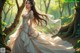 A woman in a wedding dress standing in the woods.