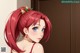 Anime girl with red hair and blue eyes wearing a red dress.